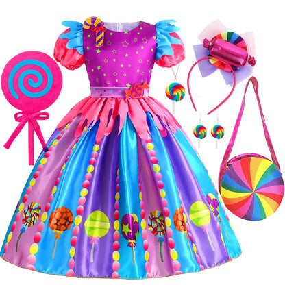 2026 New Candy Dress For Baby Girl Purim Carnival Birthday Costume Fancy Rainbow Short Sleeve Cute Dress + Accessories Set