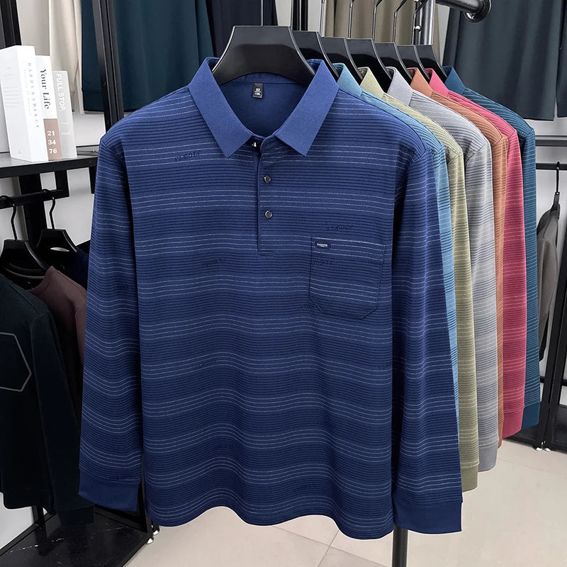 2025 long sleeved men's spring and autumn collar striped pullover top with loose pockets polo shirt