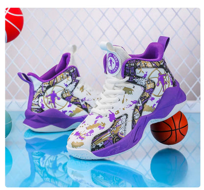 Original Children's Basketball Shoes Fashion Print Purple Basketball Sneakers Kids Training Shoes High Top Sports Shoes For Boys