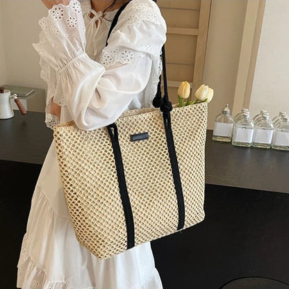 Bolsa Sacola de Palha Tecida de Verão Bolsa de Ombro Feminina Casual de Praia para Férias Bolsas Femininas de Grande Capacidade Cor Sólida