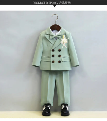 Children's Boys Autumn Formal Green Suit Boys Wedding Suit Children 1 To 14yrs Kids Blazer Pant Bowtie Flower Boys Suits Outfits