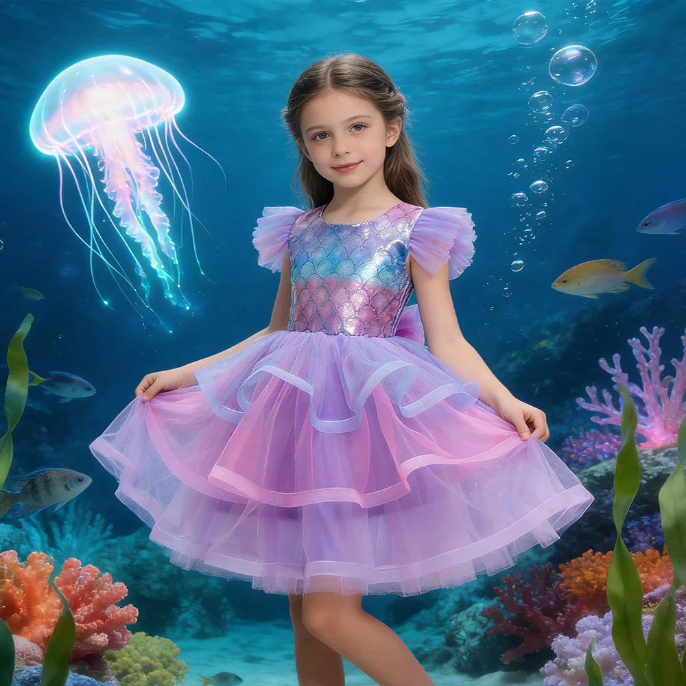 Vestidos de Cosplay de Meninas da Princesa Sereia, Vestido Tutu Brilhante em Camadas, Vestidos de Festa de Carnaval para Meninas, Presentes de Vestido de Aniversário