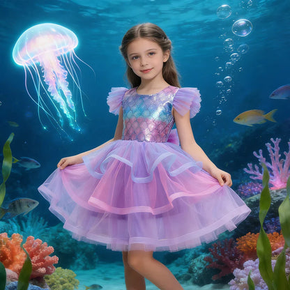 Vestidos de Cosplay de Meninas da Princesa Sereia, Vestido Tutu Brilhante em Camadas, Vestidos de Festa de Carnaval para Meninas, Presentes de Vestido de Aniversário