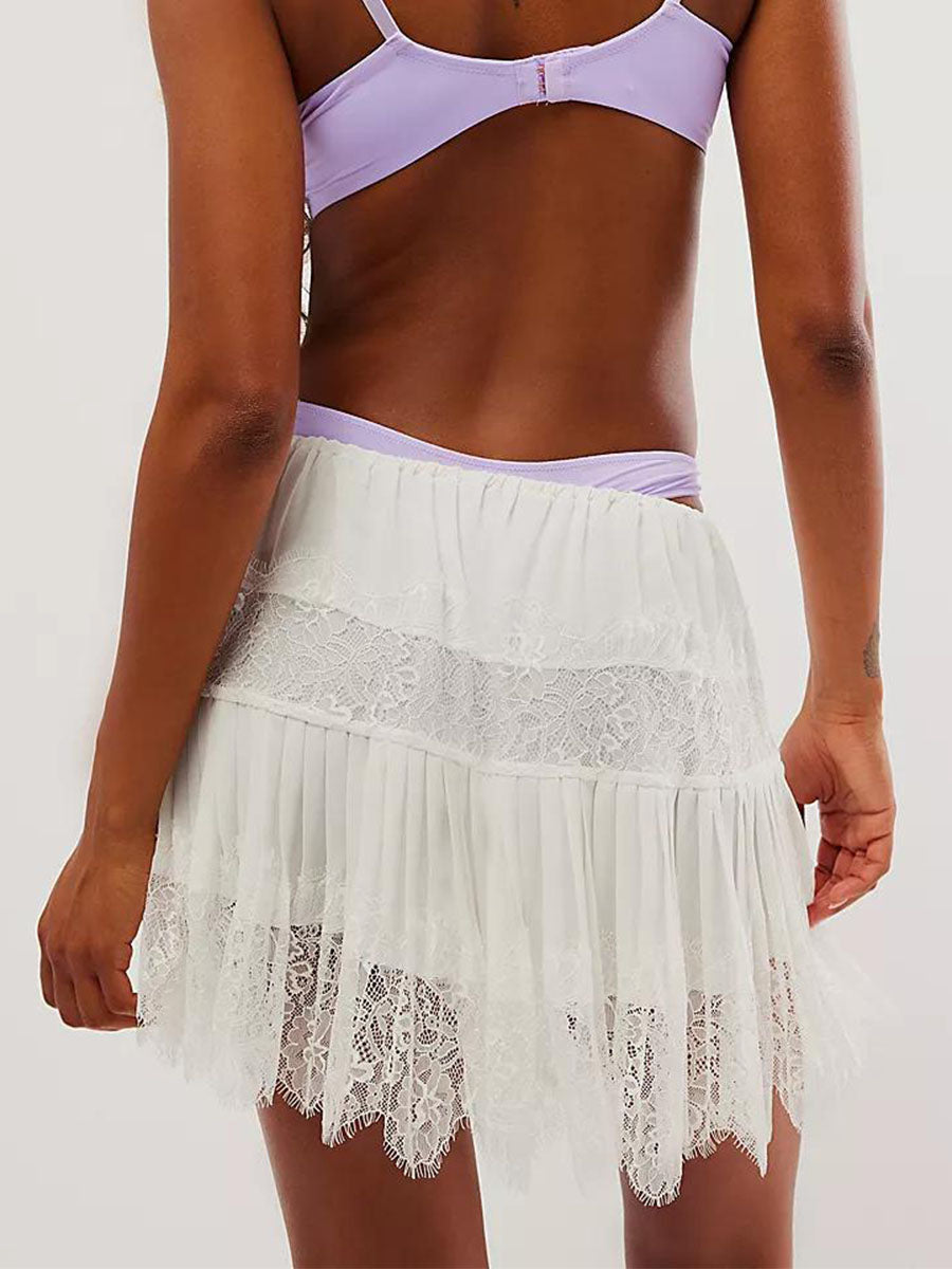 Women Y2k Lace Mini Skirt Fairy Mesh Floral Mid Low Rise Pleated Ruffle Half Slip Skirt Layered Flowy Short Skirt Streetwear