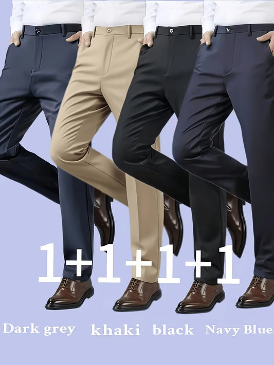 4-Pack Men's Slim Fit Stretch Dress Pants, Wrinkle-Resistant Formal Business Trousers, Comfortable Office Work Wear Bottoms
