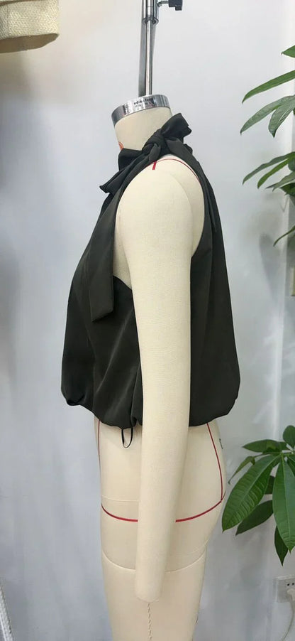 European and American style 2025 autumn new product women's clothing design with bow tie decoration hanging neck collar top