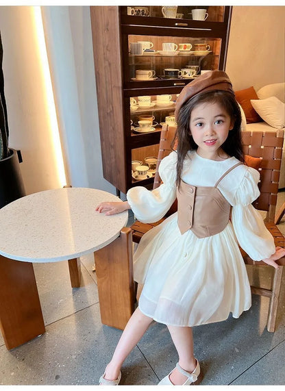 Spring Autumn Girls Dress Set Long Sleeve Children's Retro PU Leather Vest Dress Set Teenage Girls Clothing Suit 4 6 8  12Y
