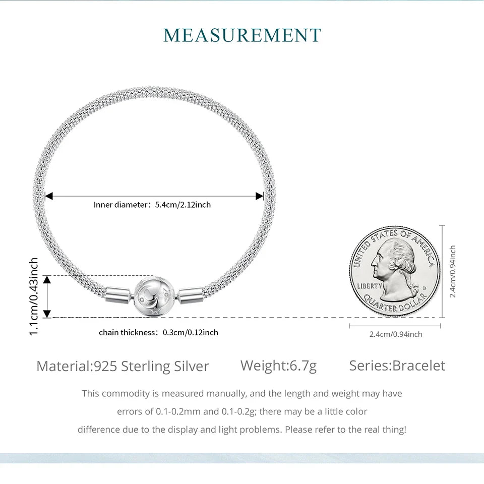 925 Sterling Silver Star and Moon Basic Bracelet Round Charm Bangle for Women Minimalist Eternal Love Gift Wrist Decor