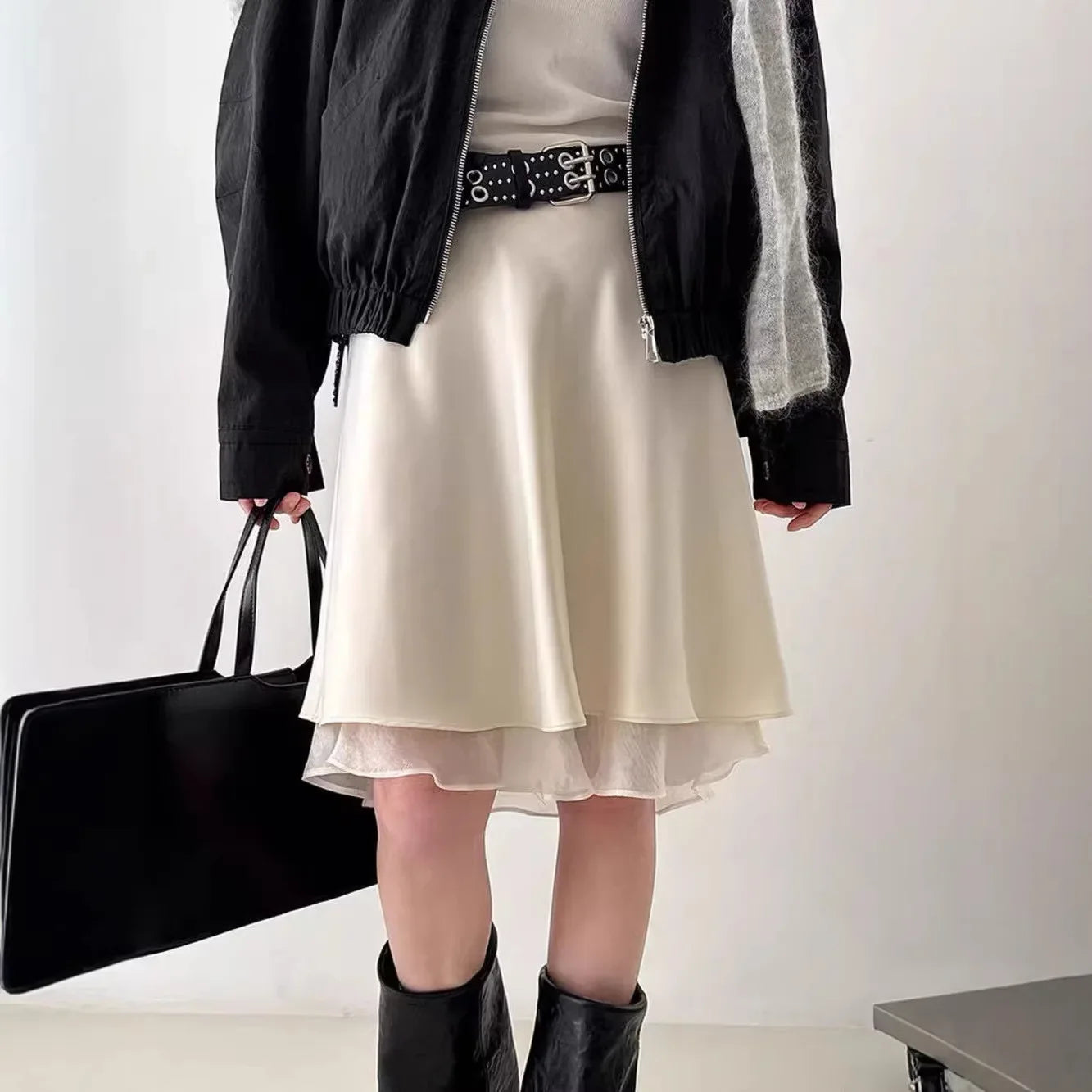 Elegant Satin Women Skirts Solid Zipper Faldas Mujer Ladies Double-layer Casual Chic Black White Dot Mini Skirt Korean Summer