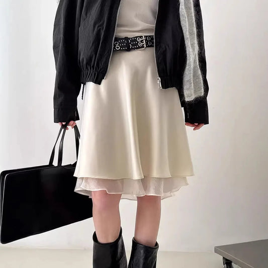 Elegant Satin Women Skirts Solid Zipper Faldas Mujer Ladies Double-layer Casual Chic Black White Dot Mini Skirt Korean Summer