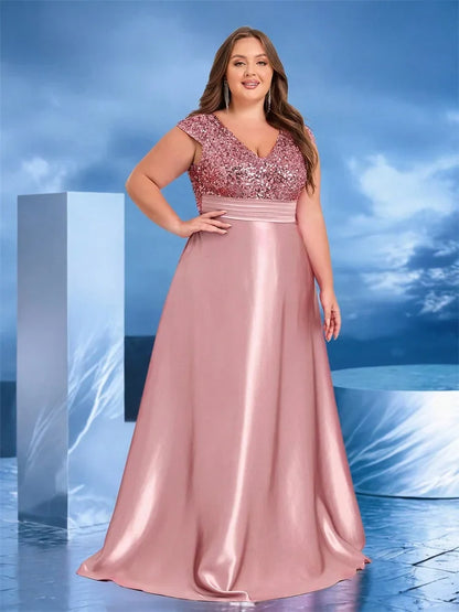 Plus Size Elegant V-Neck Green Sequin Evening Dress Long Luxury Women Satin Short Sleeves Party Prom Cocktail Prom
