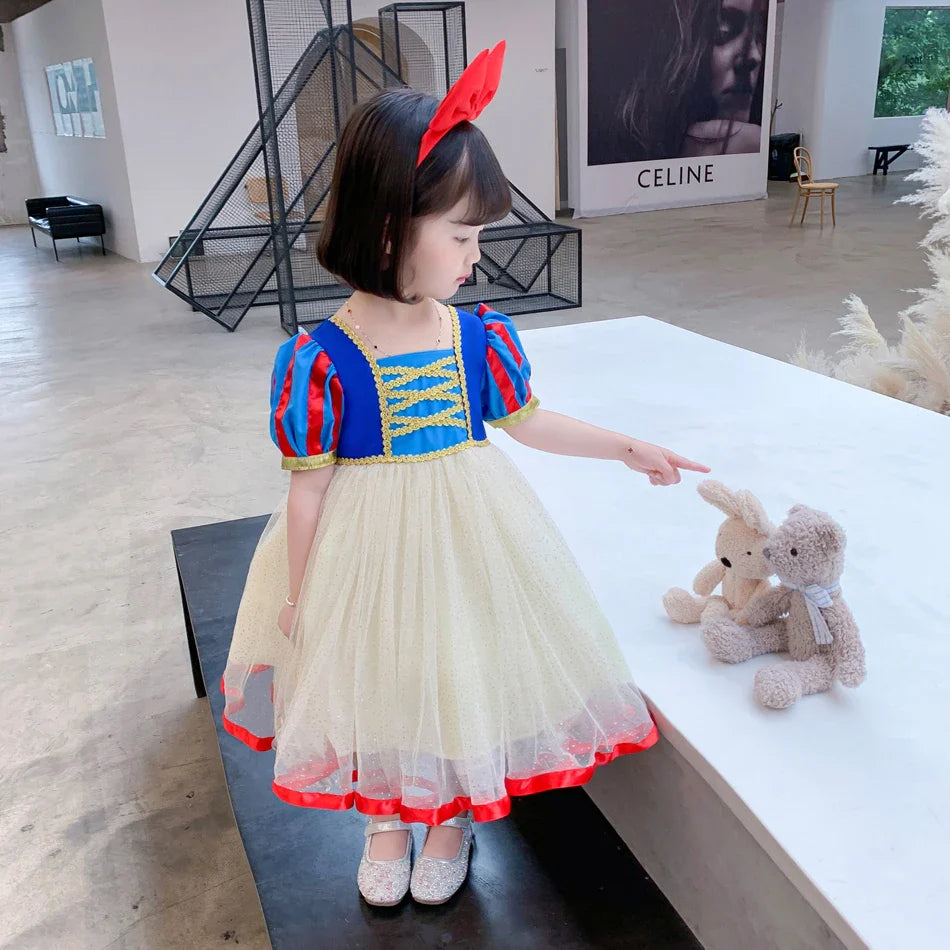 Summer Snow White Dress for Girls Breathable Puffed-Sleeve Tulle Princess Dress Snow White Themed Party Gown Halloween Costume