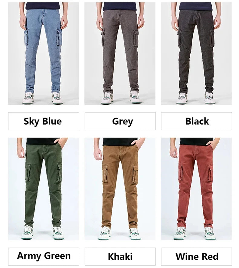 Men's Jeans Street Style Waist Denim Cargo Pants Solid Color Washed Slim Fit Casual Jeans with Multiple Pockets for Daily Wear