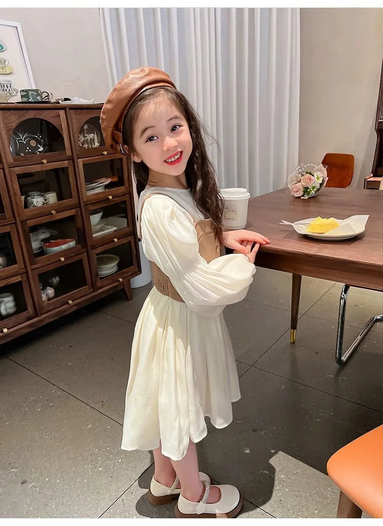 Spring Autumn Girls Dress Set Long Sleeve Children's Retro PU Leather Vest Dress Set Teenage Girls Clothing Suit 4 6 8  12Y
