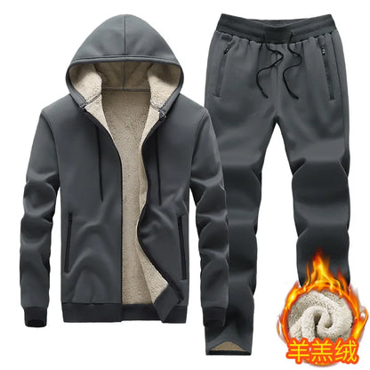 Hooded lambskin medium and elderly large size warm suit with plush thick hoodie jacket+thick pants two-piece set