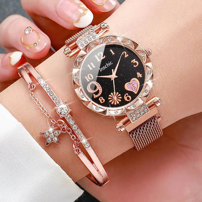 2PCS Fashion Women's Watches Set Magnet Buckle Mesh Strap Analog Quartz Watch Star Bracelet Set Reloj Mujer