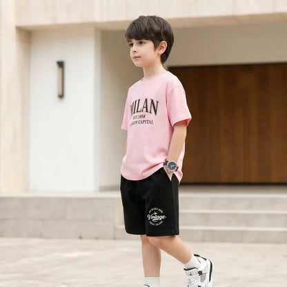 Summer Boys Cotton T-Shirt Shorts Set Casual Kids Milan Graphic Print Short Sleeve Suit Children's Outfit 2026 ML1
