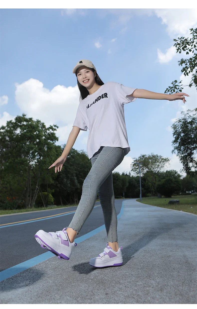 Autumn 2025 Kids Walking Shoes Detachable Double Wheel Roller Skates Boy Leather Student Shoe Four Wheeled Children Shoes Girl