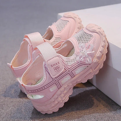 2026 summer new girls' bow mesh toe sandals soft and casual beach sandals children's outdoor walking non slip flat shoes