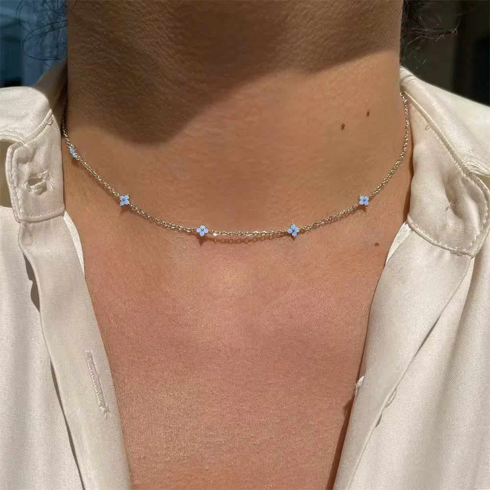 New Stainless Steel Zircon Necklaces for Women 18K Gold Plated Four Leaf Grass Collar Chain Necklace Luxury Jewelry Gift