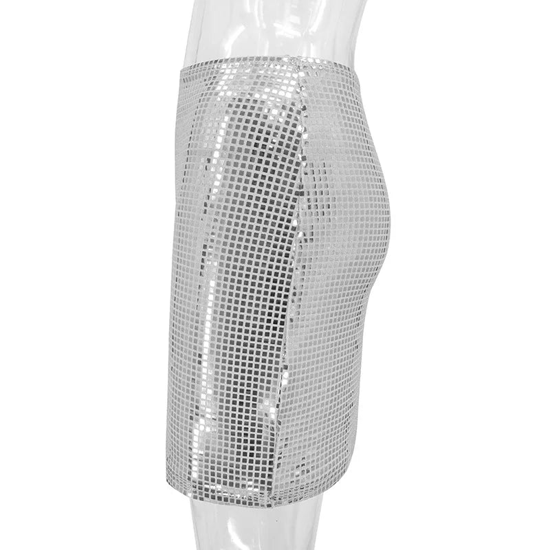 Summer Women Sequined Slim A-Line Skirt Ladies Wrap Hip Solid Sliver Mesh Skirt Female Casual Above-knee Sexy Fashion Skirts