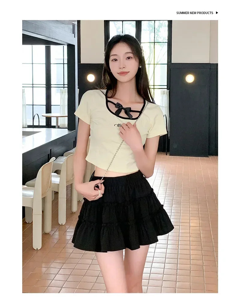 Elegant pink mini dress new summer thin style French ballet design cake skirt lace edge WOMEN'S JK skirt