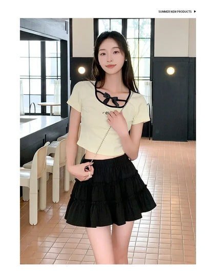 Elegant pink mini dress new summer thin style French ballet design cake skirt lace edge WOMEN'S JK skirt