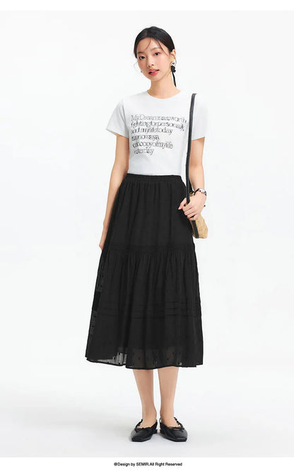 Skirt Women Elastic Waist A-Line Elegant 2025 New Summer Patchwork Lace Polka Dot Long Skirt Graceful for Daily Wear