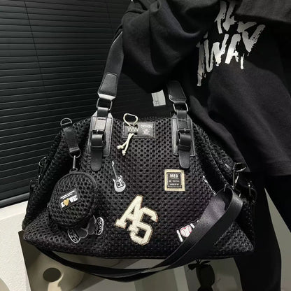 Fashionable women's mesh nylon adhesive tote bag, large capacity splicing shoulder bag, short distance travel casual handbag