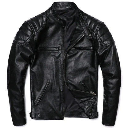 2025 Vintage Brown Genuine Leather Jacket Real Natural Cowhide Men Motorcycle Biker Coat Mens Slim Calf Skin Coat