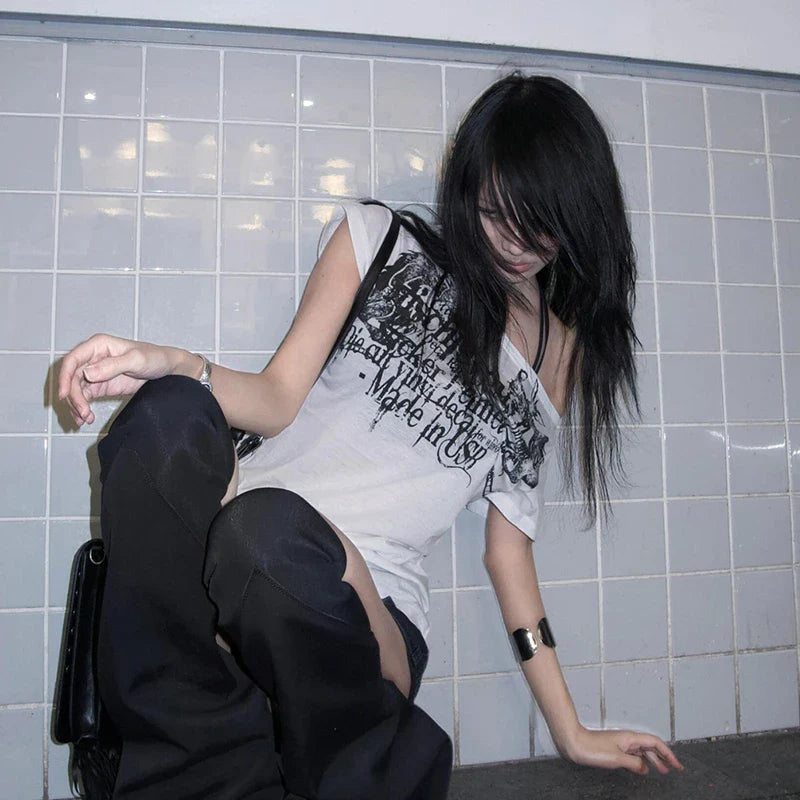 Japanese Y2k Letter Print T-shirt Trashy 2000s Style Tattoo T Shirt Vintage Harajuku Short Sleeve Sheer Tops Grunge Goth