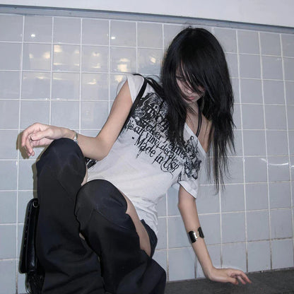 Japanese Y2k Letter Print T-shirt Trashy 2000s Style Tattoo T Shirt Vintage Harajuku Short Sleeve Sheer Tops Grunge Goth