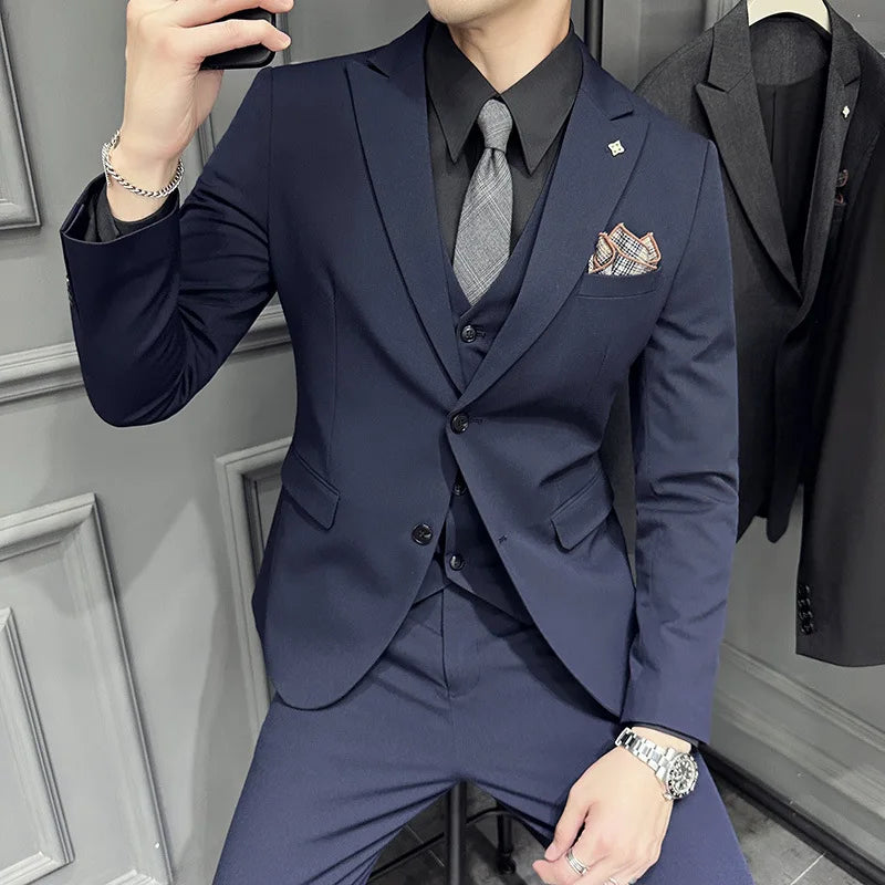 Slim Fit Men's Three Piece Suit Thin Single Button Notch Lapel Casual Fashion Cotton Blend Spring Autumn Wear for Youth