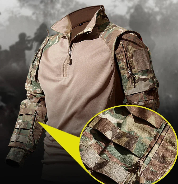 Autumn Tactical Sets Men Outdoor Breathable Short Sleeve Tshirt+Waterproof Straight Pant 2 Pcs Suits Camo Multi-pocket Cargo Set