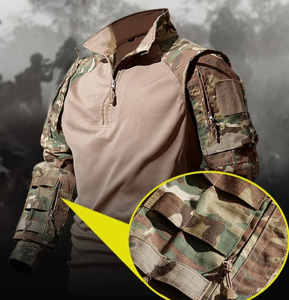 Autumn Tactical Sets Men Outdoor Breathable Short Sleeve Tshirt+Waterproof Straight Pant 2 Pcs Suits Camo Multi-pocket Cargo Set