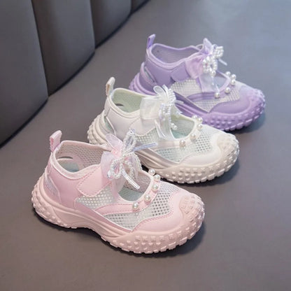 Girls Sports Sandals Sweet Lace Bows Beading Kids Casual Shoes Mesh Breathable Soft 2026 Summer New Children Princess Sandals