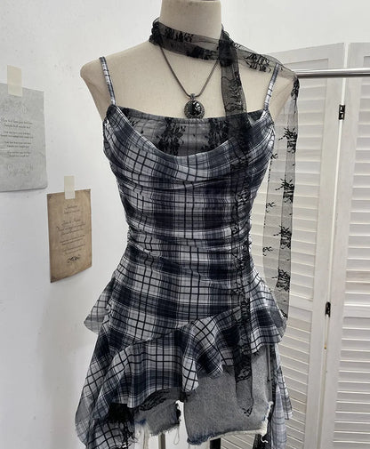 Y2K Plaid Camisole for Women Summer Casual Lace Scarf Breathable Stretch Mesh Patchwork Asymmetrical Ruffle Slim Tops