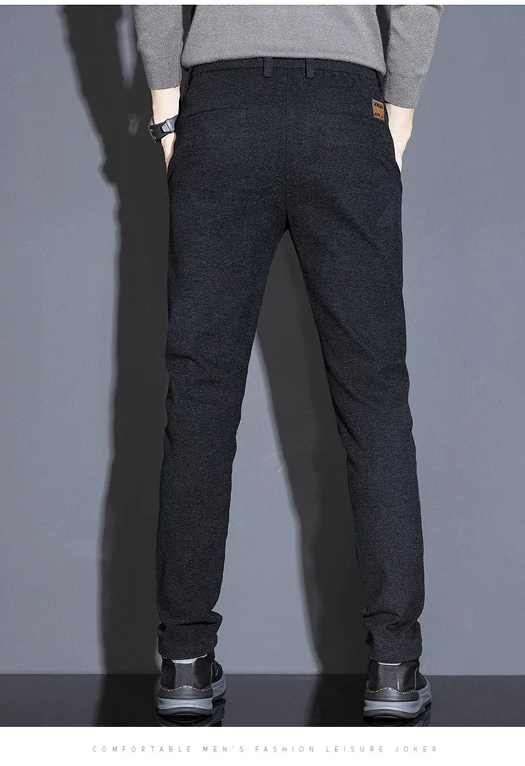 Men's Solid Straight Casual Pants Autumn Woolen Slim Fit Office Pants Vintage Elastic Waist Youth Trousers Everyday Wear