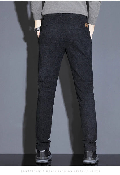 Men's Solid Straight Casual Pants Autumn Woolen Slim Fit Office Pants Vintage Elastic Waist Youth Trousers Everyday Wear