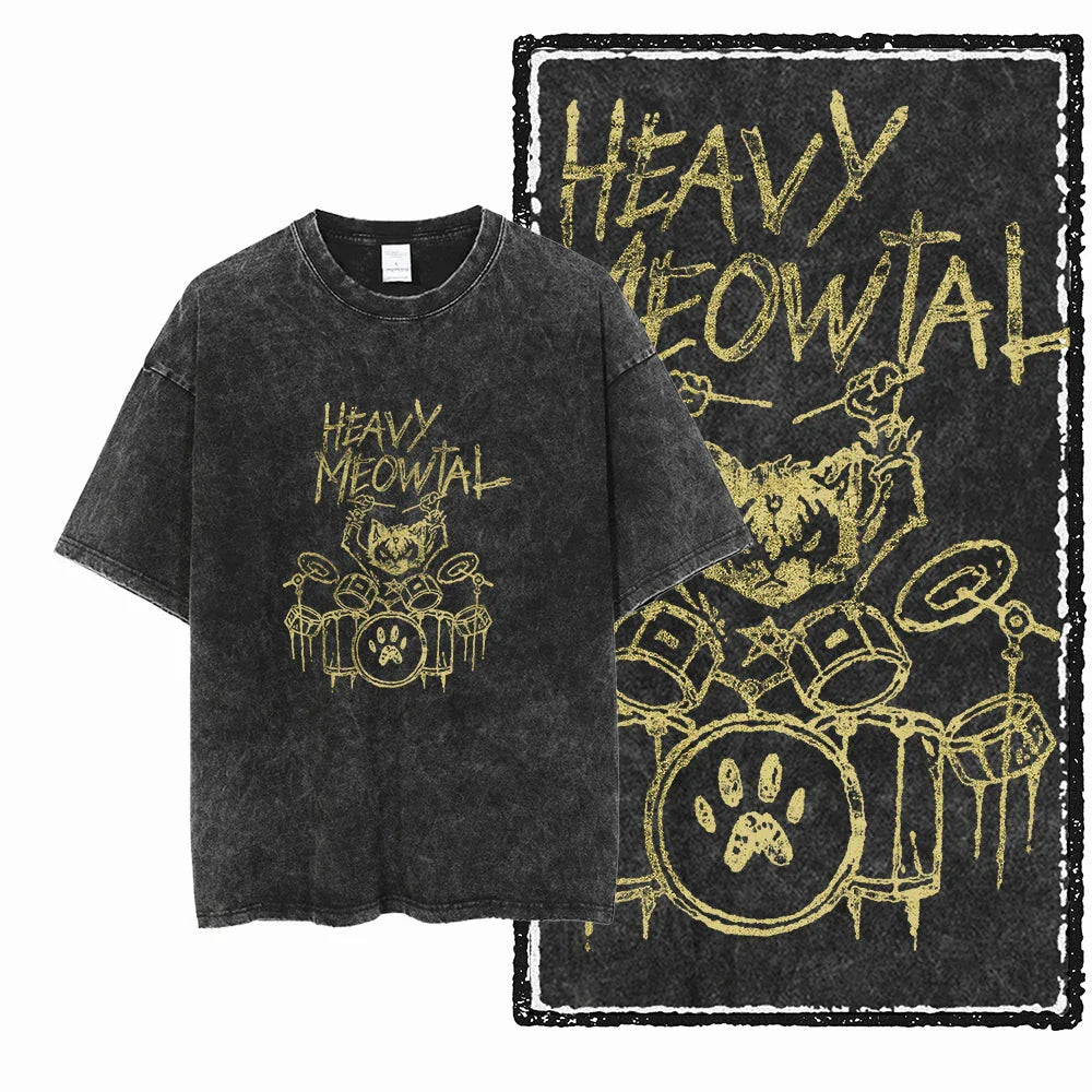 cat Printed Cotton Acid Washed Exclusive Graphic Unisex T Shirt Cool Streetwear Men Tshirts Big Size Tee for men