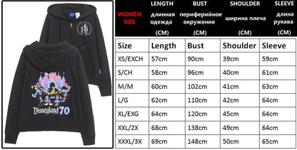 70th Anniversary Castle Mickey Mouse Family Letter Embroidery Fleece Sweatshirt Unisex Women Hooded Zipper Jumper Top