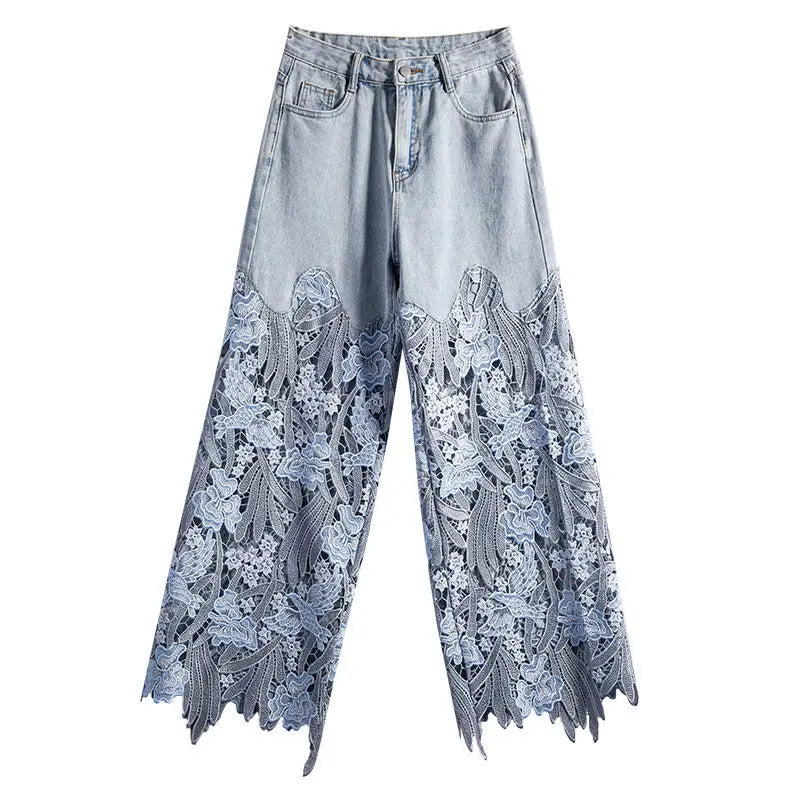 Vintage Flower Hollowed-out Jeans Cool Pants