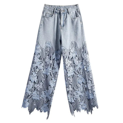 Vintage Flower Hollowed-out Jeans Cool Pants