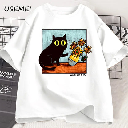 T Shirts Men Women Flower Black Cat T-shirt Round Neck Cotton Short Sleeve Trendy Tee Shirt Streetwear