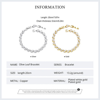 White Gold Plated Sparkling Cubic Zirconia Classic Olive Leaf Bracelet, Gold Bracelets for Women Fashion Jewelry YIB069