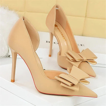 2024 Women 10.5cm High Heels Sweet Korean Side Hollow Pumps Lady Party Purple Green Kawaii Bowknot Heels Prom Silk Satin Shoes