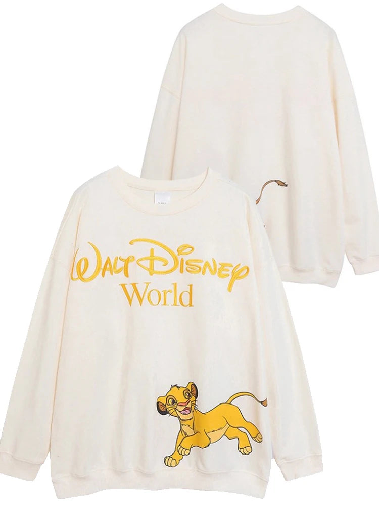 Sweatshirt King of the Jungle Simba Cartoon Print Embroidery Women O-Neck Pullover FleeceJumper Tops