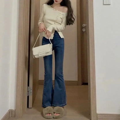 White Straight-leg Jeans Women's High-waisted Elastic Slimming Bootcut Pants Microflare Waistline Shredded Leggings Fashion