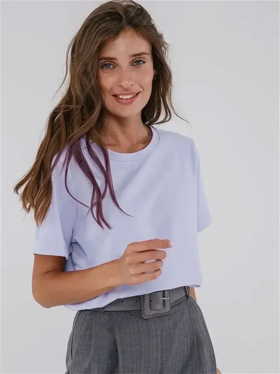 Summer 100% Cotton Women's T-shirt Bottoming Basic Fashionable Solid Lady Short Sleeve Loose Tops Shirts 230g/㎡ Tops