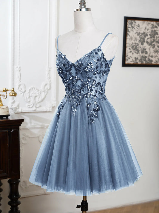 Mini Cocktail Dress Sequin Appliques V-Neck Backless Spaghetti Strap Gowns Pleated Tulle A-Line Homecoming Dresses